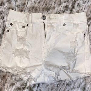 white distressed high rise jean shorts